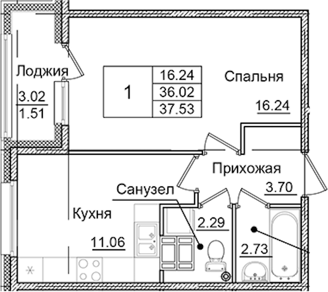 1-комнатная квартира 37.53 м², 9/9 эт., ЖК «Квартал Заречье»